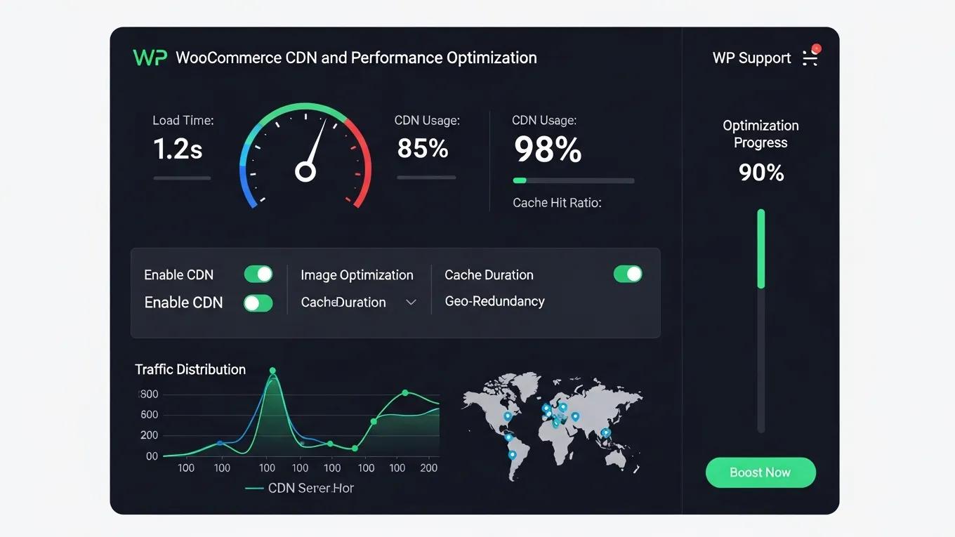 WP Support Lab WooCommerce CDN and performance optimization panel showcasing speed settings
